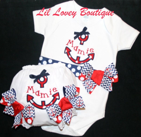 PERSONALIZED "ANCHORS AWAY" 2 Pc. Bodysuit With Matching Diaper Cover For Baby Girl and Toddler