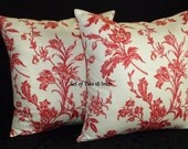 Decorative Designer Throw Pillow Covers - Spring Flowers in Red and Ivory - Set of Two 18 Inch