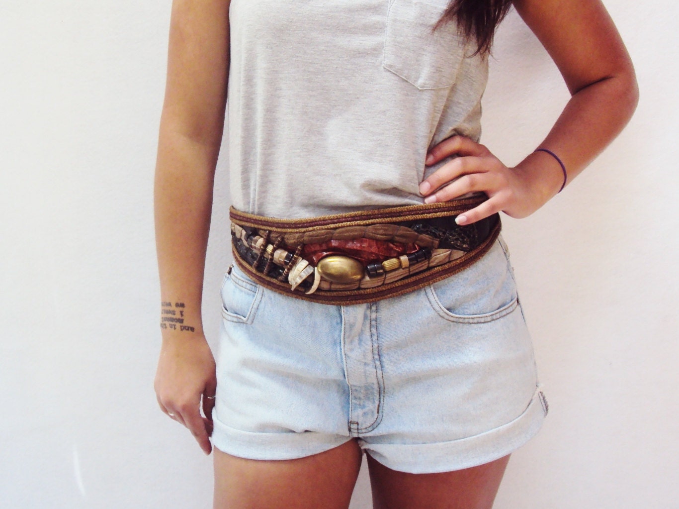 Vintage 70s Leather Belt 80s Seashells, Brass, Beads