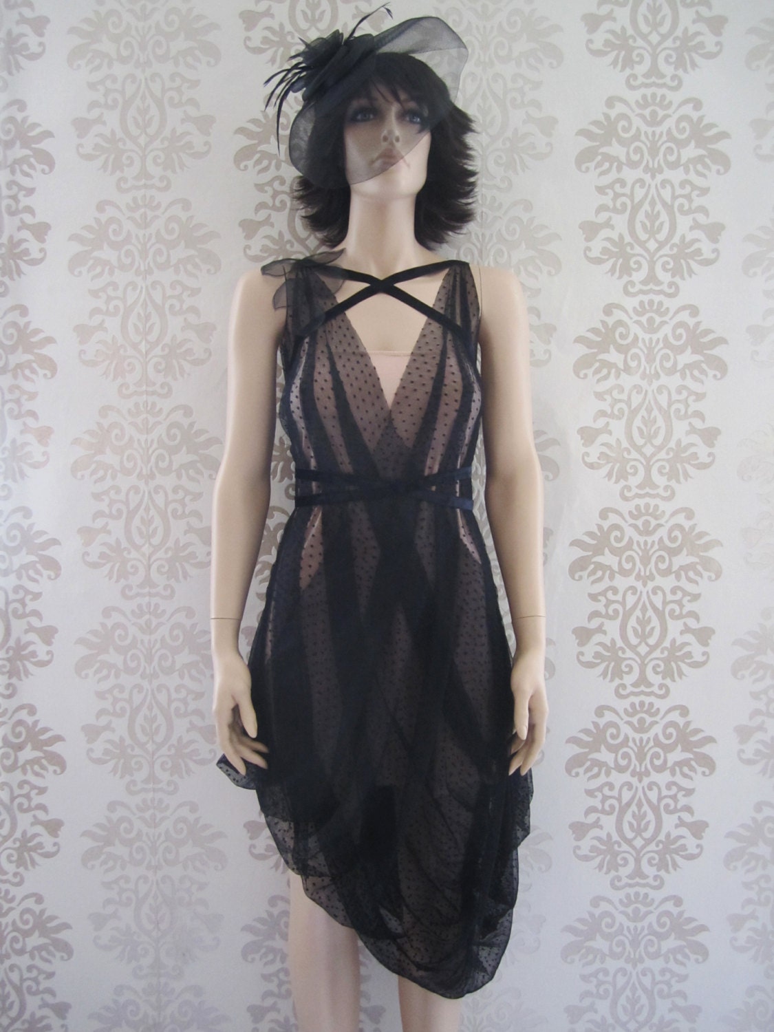 Party Dress Handmade Holiday Fashion Cocktail Dress Evening Dress Clothing Women : BELLA Black Tulle Polka Dot Drape Dress Custom Size