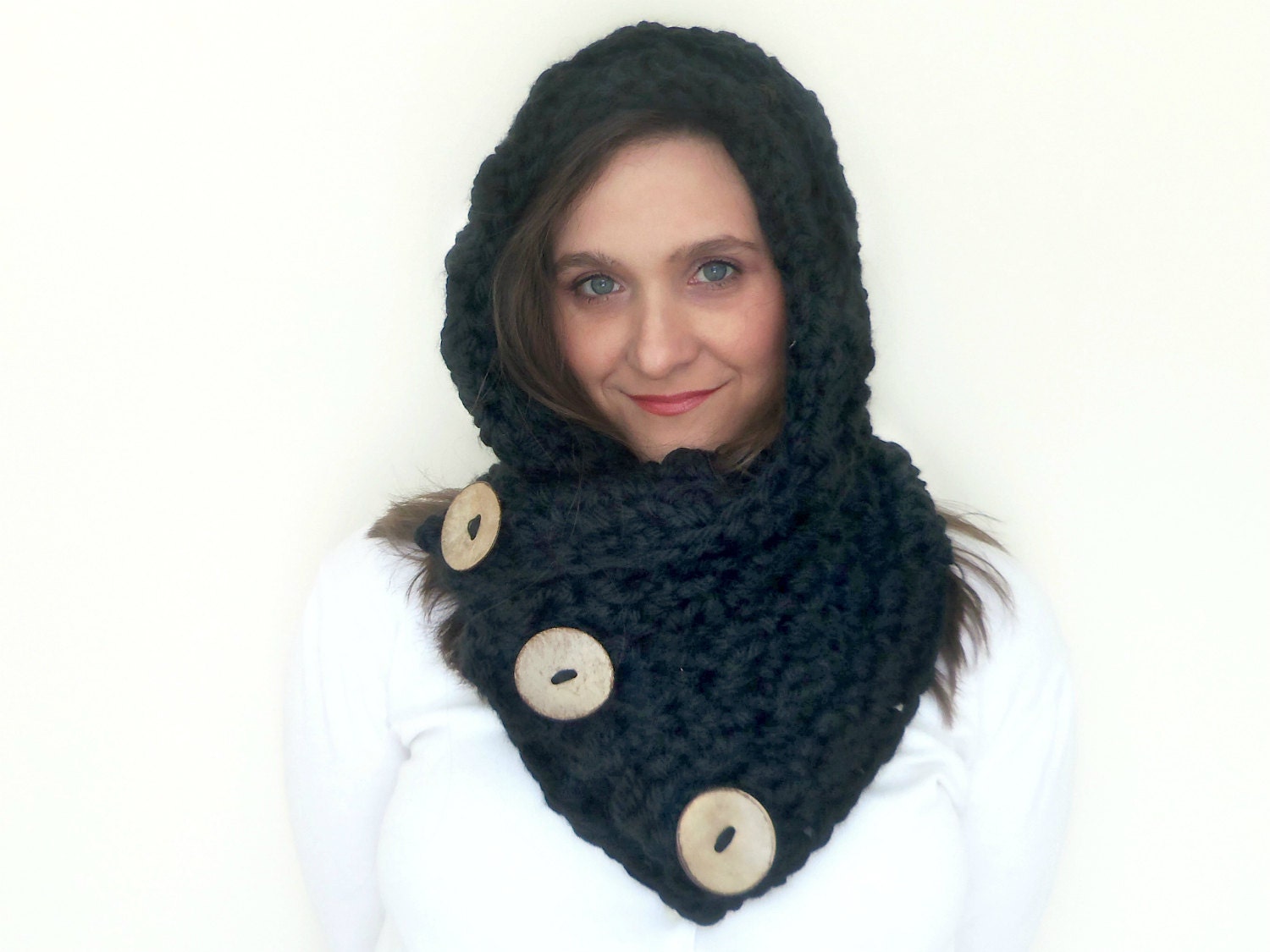 Casco Bay Cowl Scarflette with Super Chunky Charcoal Yarn or Pick your Color , Coconut Button Scarf or Hooded cowl: