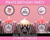 Pirate Birthday Party - 2 inch Party Circles & Bonus: Cupcake Wrappers NonPersonalized Printable // Pirate Girl Pink Black - B10Nd Il_170x135
