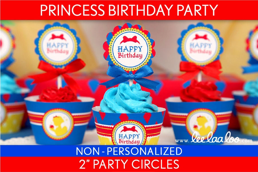Princess Birthday Party - 2 inch Party Circles & Bonus: Cupcake Wrappers NonPersonalized Printable // Snow White Princess - B25Nd