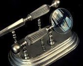 FATHERS DAY 20% SALE Magnifying Glass and Letter Opener Silver Plate Desk Set with stand / Vintage / Office, Library, Den / ht