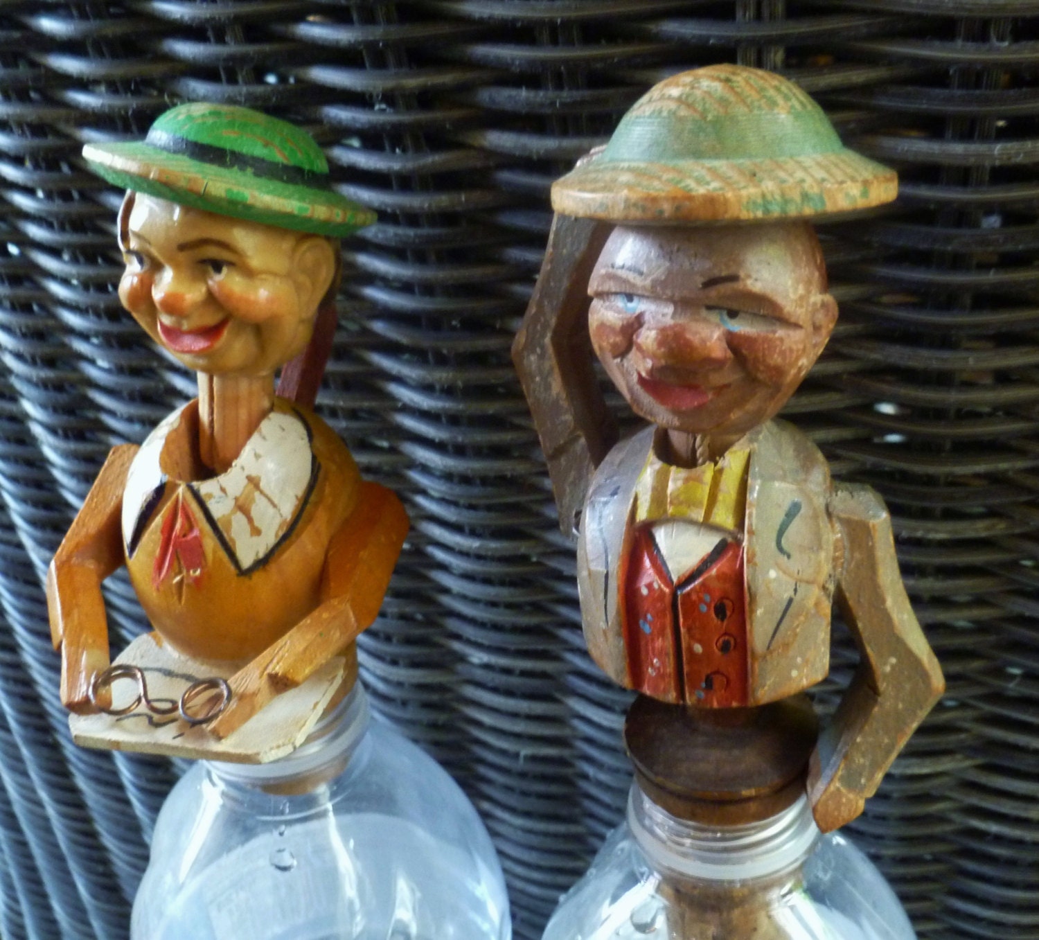 2 Vintage Bottle Stoppers. ANRI. Movable Man & Woman. Carved Wood. Tips Hat. Reads. Made in Italy.