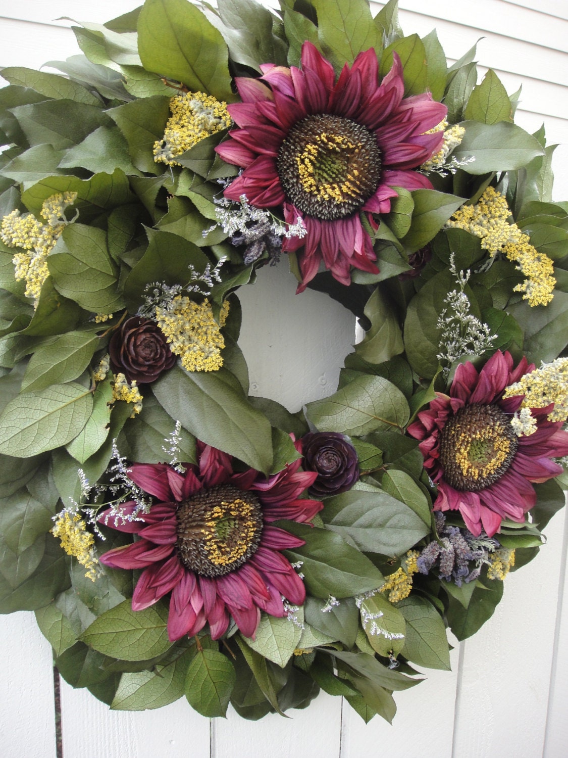 Preserved Salal Wreah With Sunflowers   Handcrafted Wreath    Elegant Wreath  Autumn Wreath
