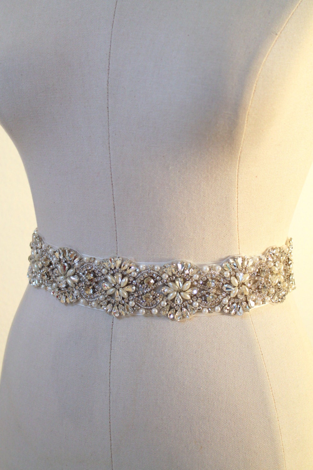 Bridal beaded swarovski pearl & crystal luxury couture wedding sash/belt. DUCHESS PEARL