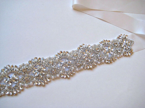 Bridal beaded swarovski crystal & pearl luxury sash. DUCHESS