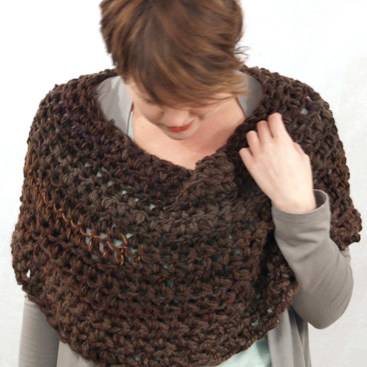 Crochet Shawl Poncho, Circle Scarf in Brown