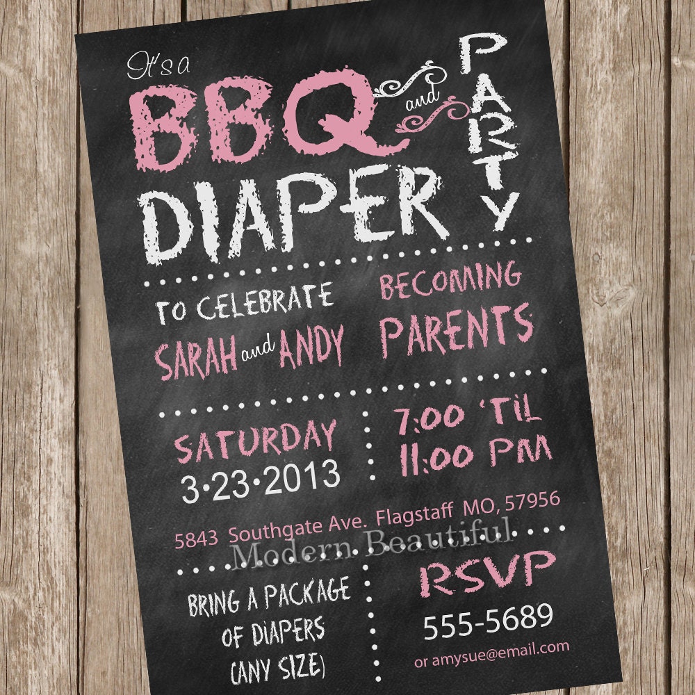 Chalkboard Couples BBQ and diaper Baby Shower Invitation, chalkboard, pink, diaper invitation, couple baby shower, printable, digital file Il_170x135