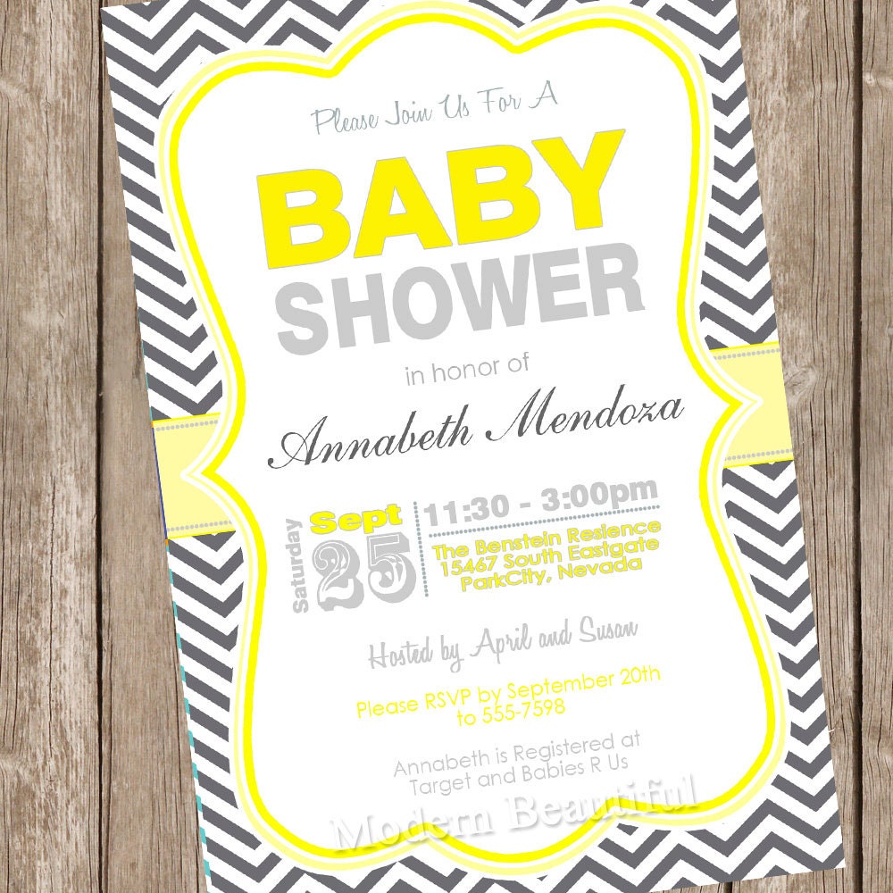 Neutral Baby Shower Invitation Yellow and Grey Chevron Printable Personalized 121202-K1-1E Il_570xn