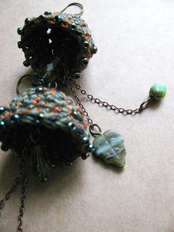 Crochet earrings woodland green leaves orange rust brown natural earth