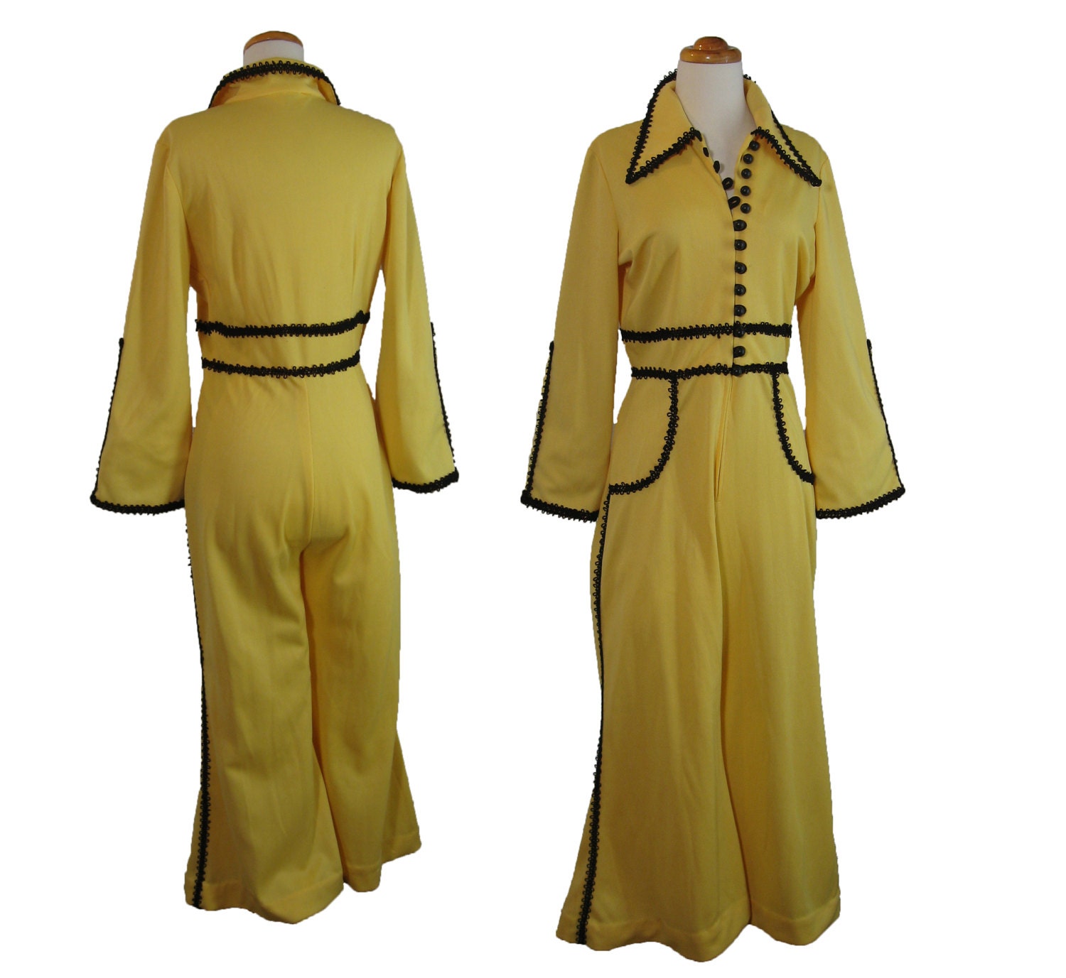 1970s Vintage Mod Palazzo Pant Jumpsuit / Palazzo Pants / Yellow with Black Braid Trim.