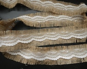 Burlap and Lace Ribbon, White Lace and Rustic Brown Frayed Burlap Ribbon, Use for Wedding, Shower, Party, Home Decor, Crafting