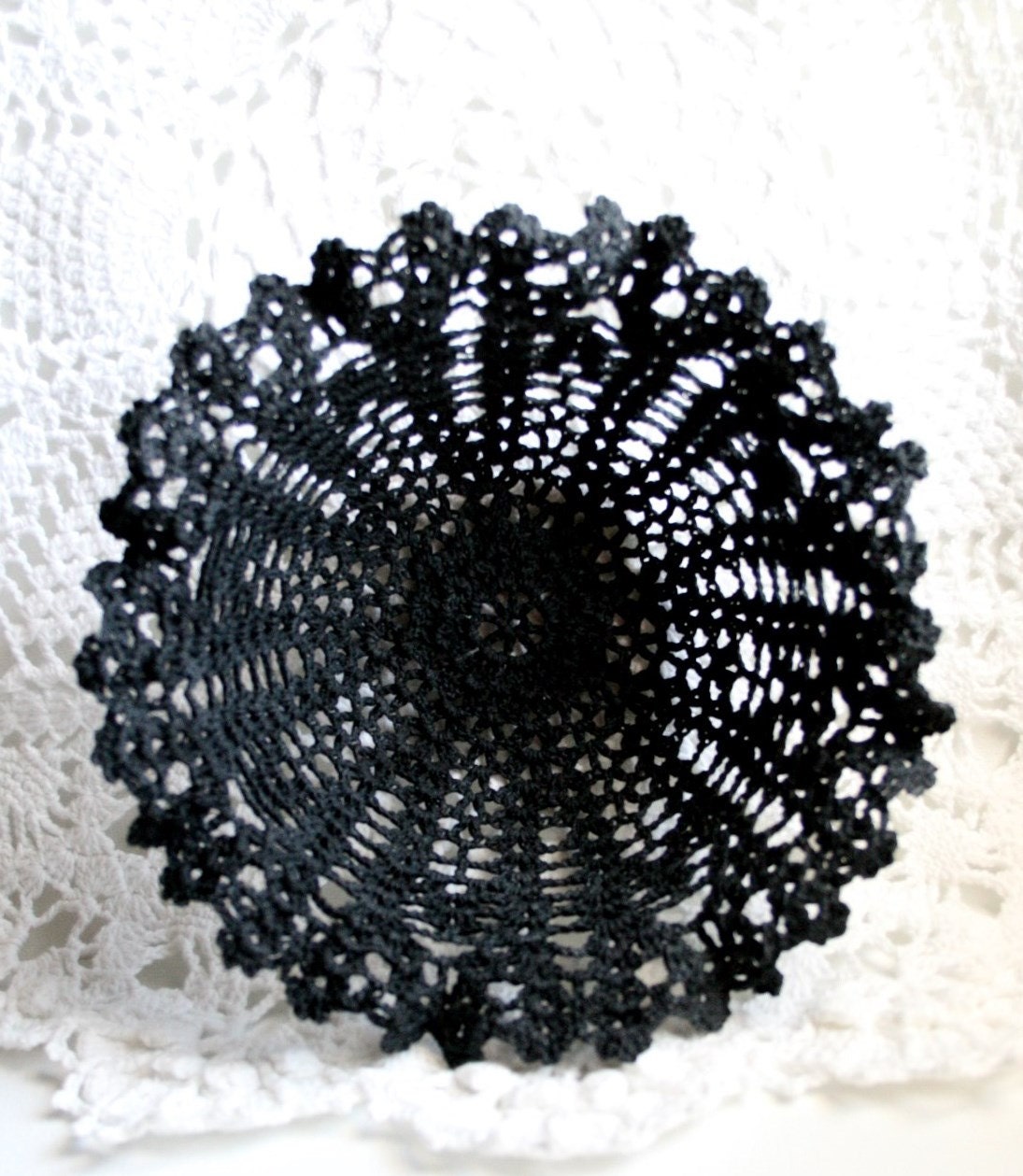 Black Crocheted Ruffle Edge Lacy Bowl Shabby Chic Cottage Chic
