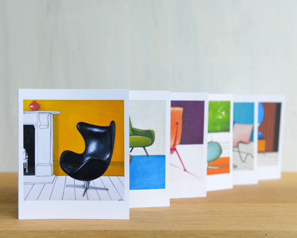Midcentury Chairs Note Cards - Set of 6 blank cards, stationary, egg chair, eames, vintage modern