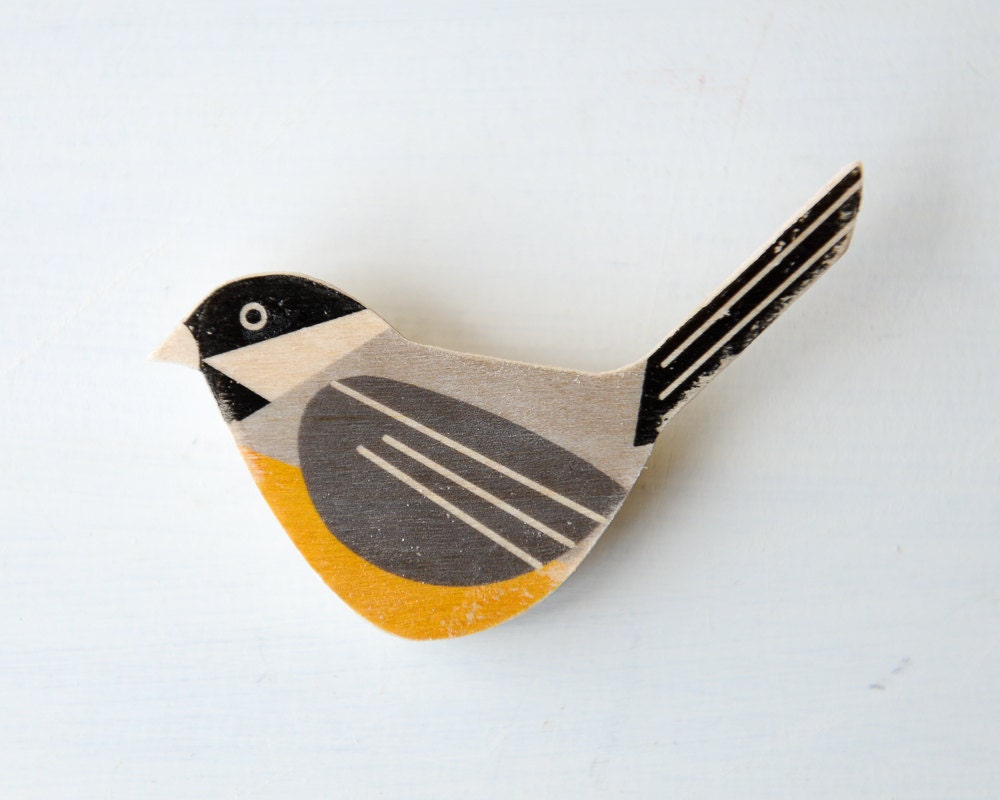 Bird Brooch - Chickadee, Wood Brooch, Black-capped Chickadee, fashion accessory