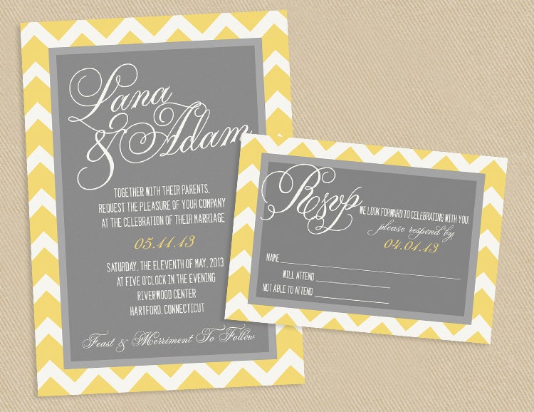 Printable Wedding Invite and RSVP Invitation Set - Yellow and Grey Chevron Script - Calligraphy Names