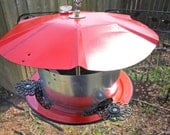 Repurposed Upcycled Recycled Bird Feeder Galvanized Sheet Metal Vent Exhaust Hood Cap Red Found Items