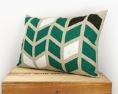 Chevron pillow cover, geometric print - Hand printed arrows pattern in emerald green, black and white on beige canvas - 12x18 lumbar pillow - ClassicByNature