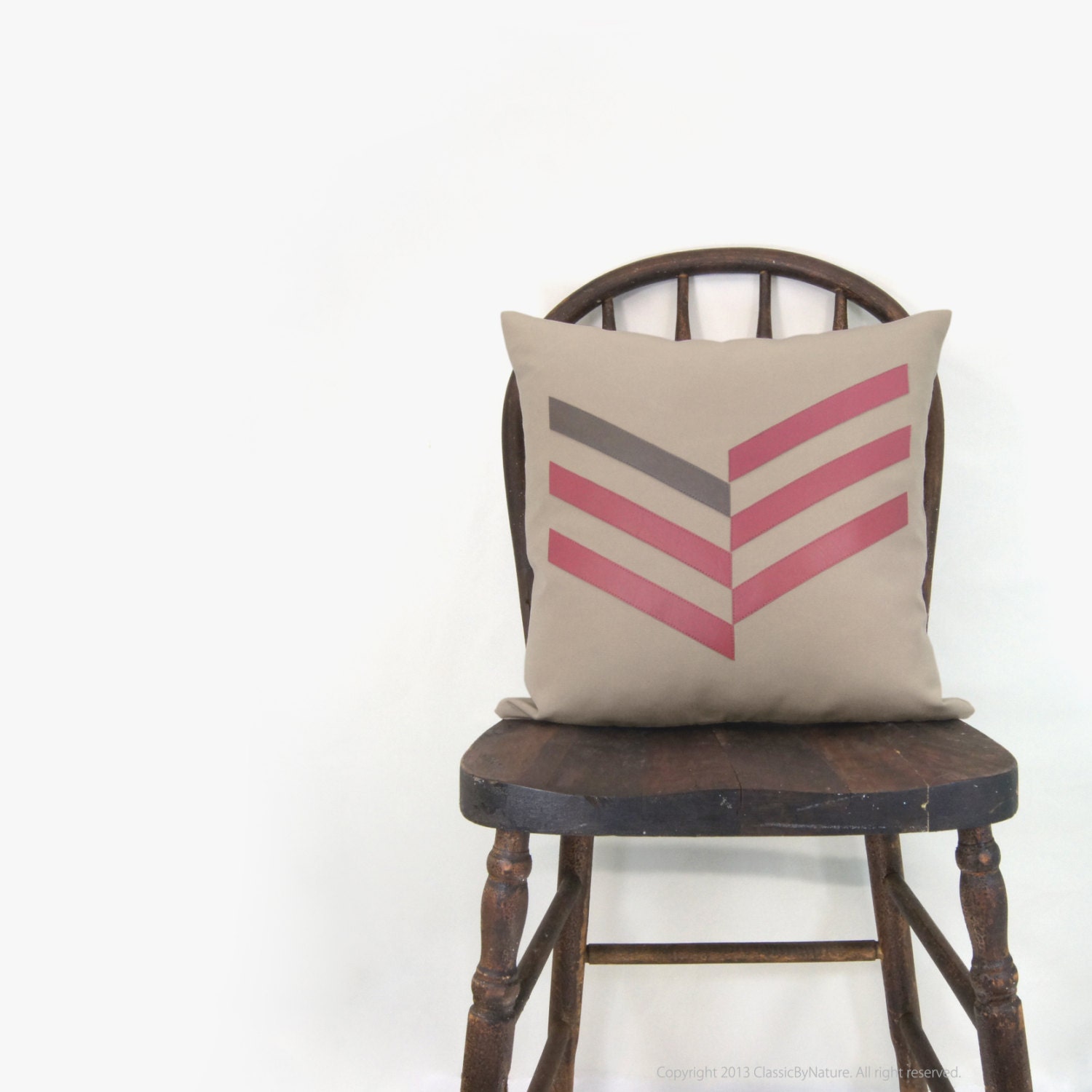 Chevron pillow - Outdoor pillow cover - Geometric pattern - Pink and grey applique on beige canvas - 16x16 throw pillow cover