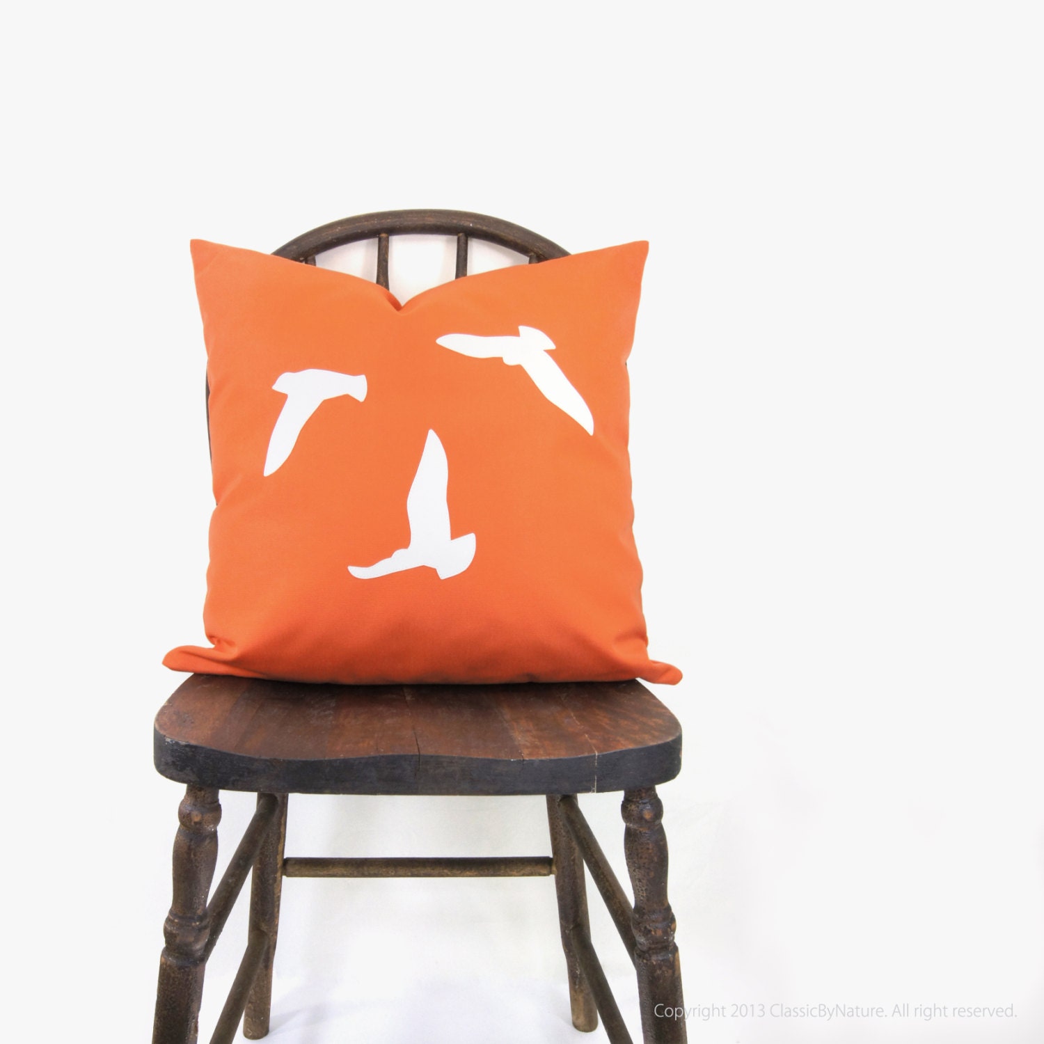 Outdoor patio pillow cover - Summer decor - Decorative pillow - 18x18 throw pillows - White flying bird applique on orange canvas