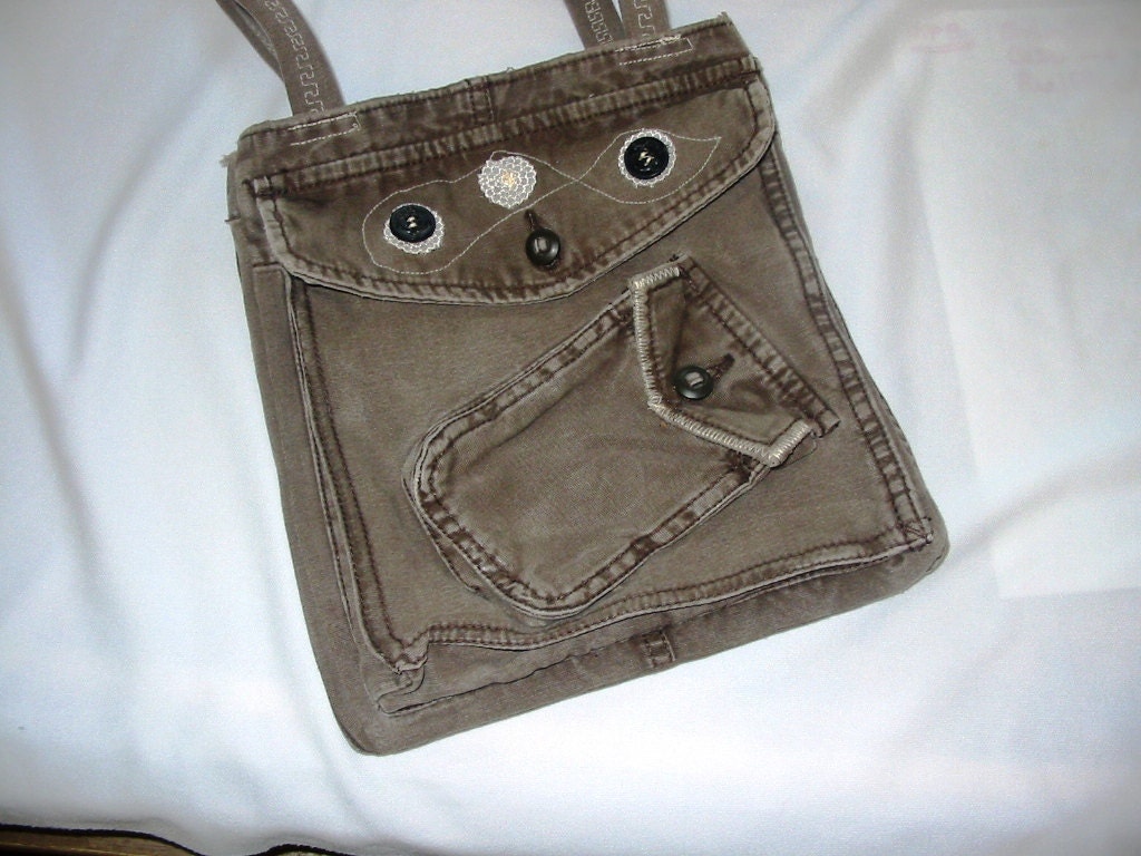 PURSE TOTE Recycled Denim Blue Jean Bag, OD Green Utilities Purse, Short Straps