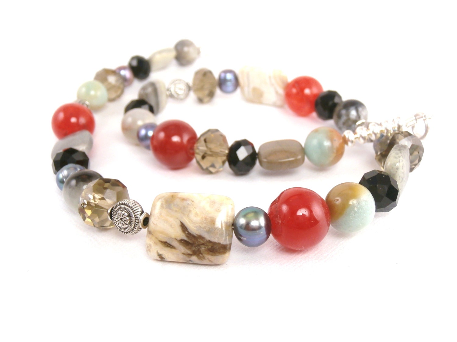 Necklace Colorful Orange Agate, Purple Freshwater Pearl, Mint Amazonite, Natural Stone, Silver, Black Faceted Glass