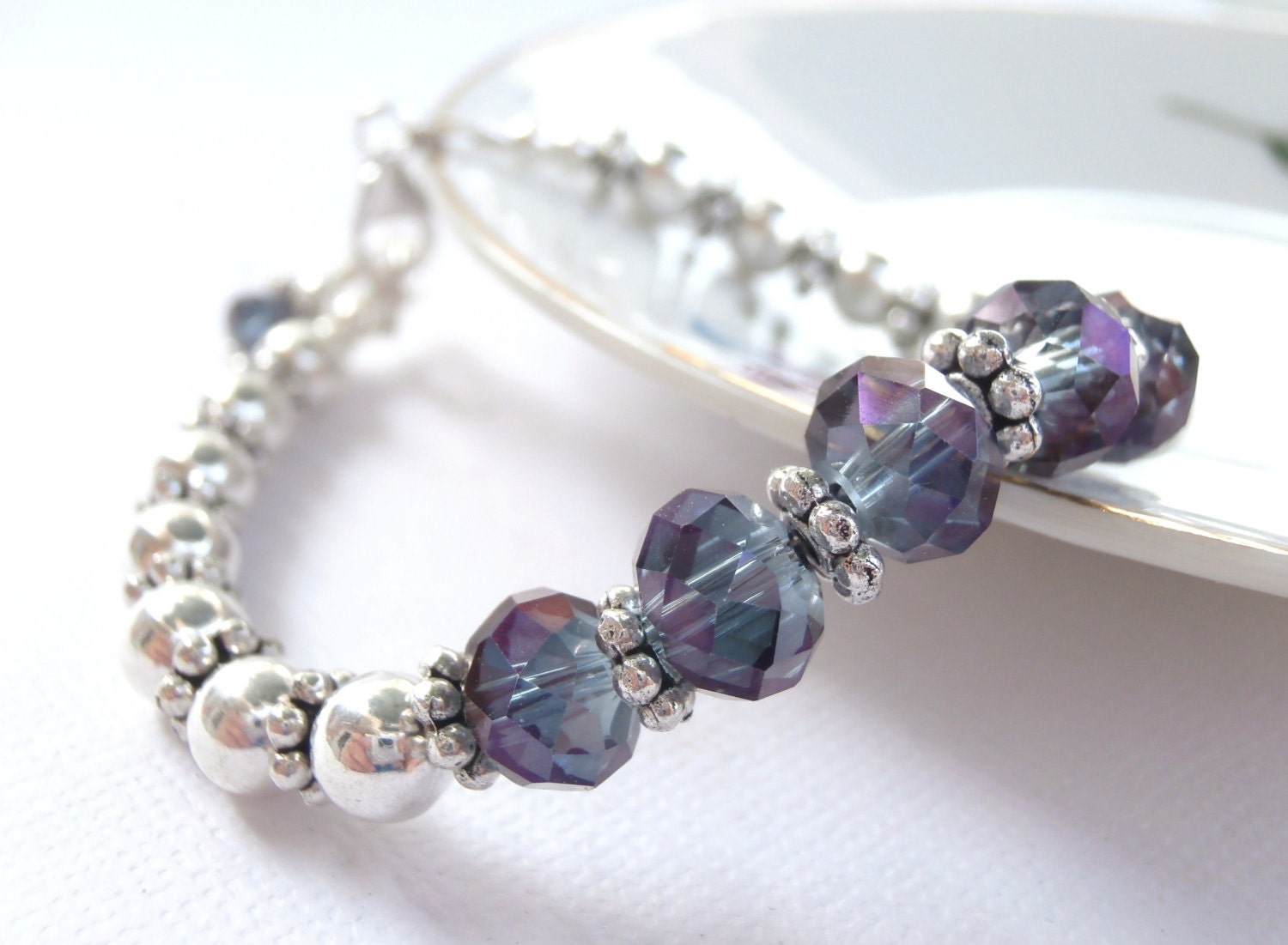 Purple Crystal Bracelet, Bridesmaids, Wedding Jewelry, February Birthstone, Blue, Violet, Lilac, Sterling Silver Clasp
