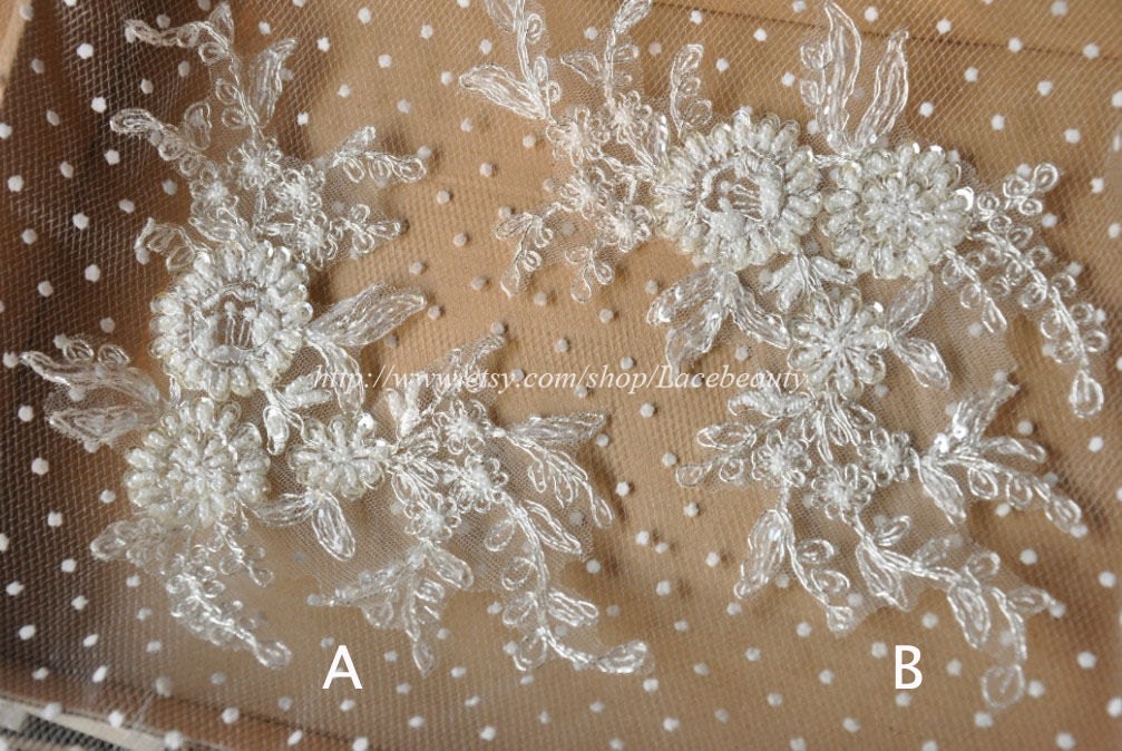 Ivory Lace Appliques With Silver Embroidered Large Beaded Patches For Wedding Supplies 1 pcs