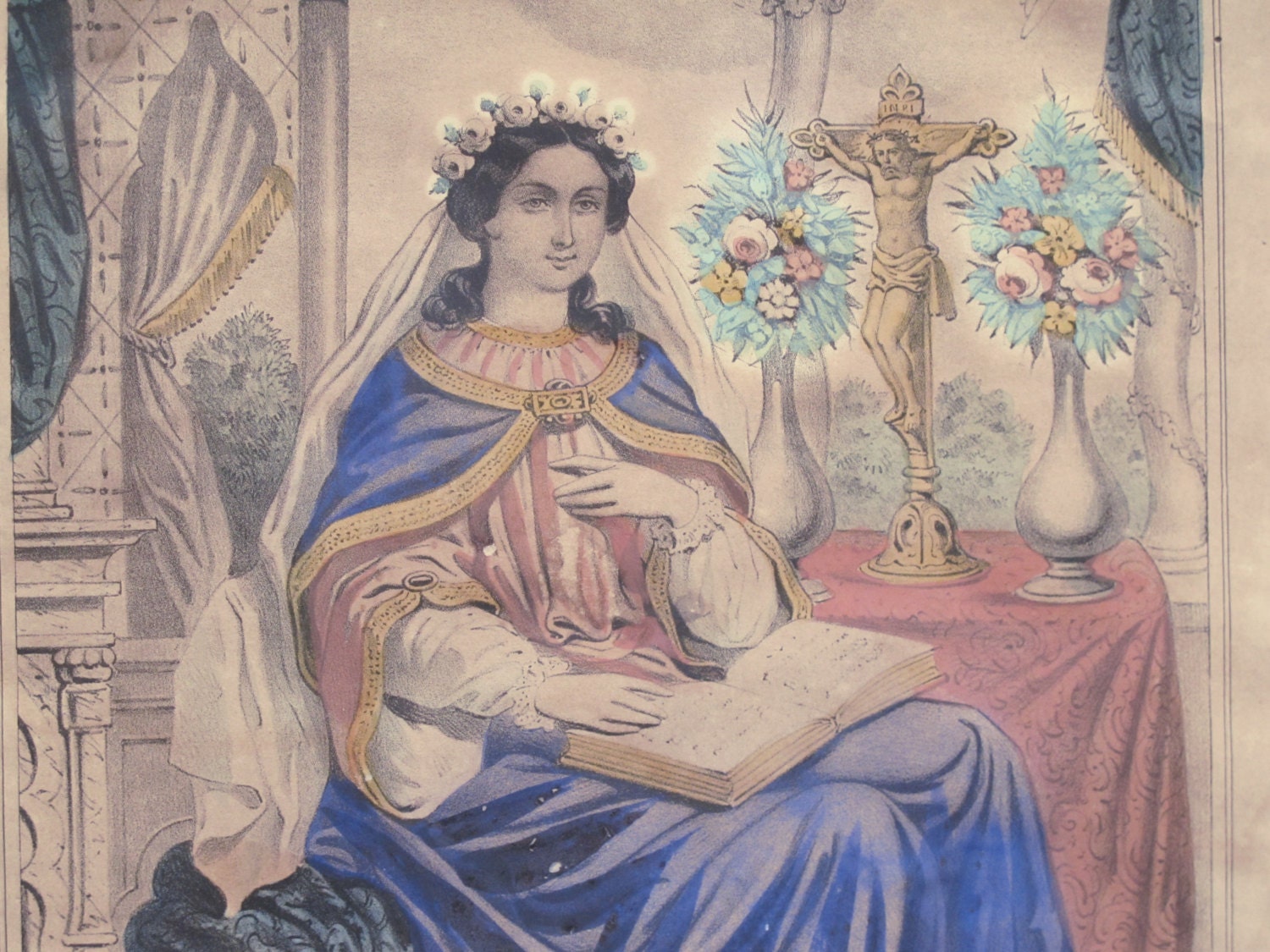 Antique french  large religious religious lithograph, RARE, dated 1891 of holy Julia, sainte Julie, antique paris print