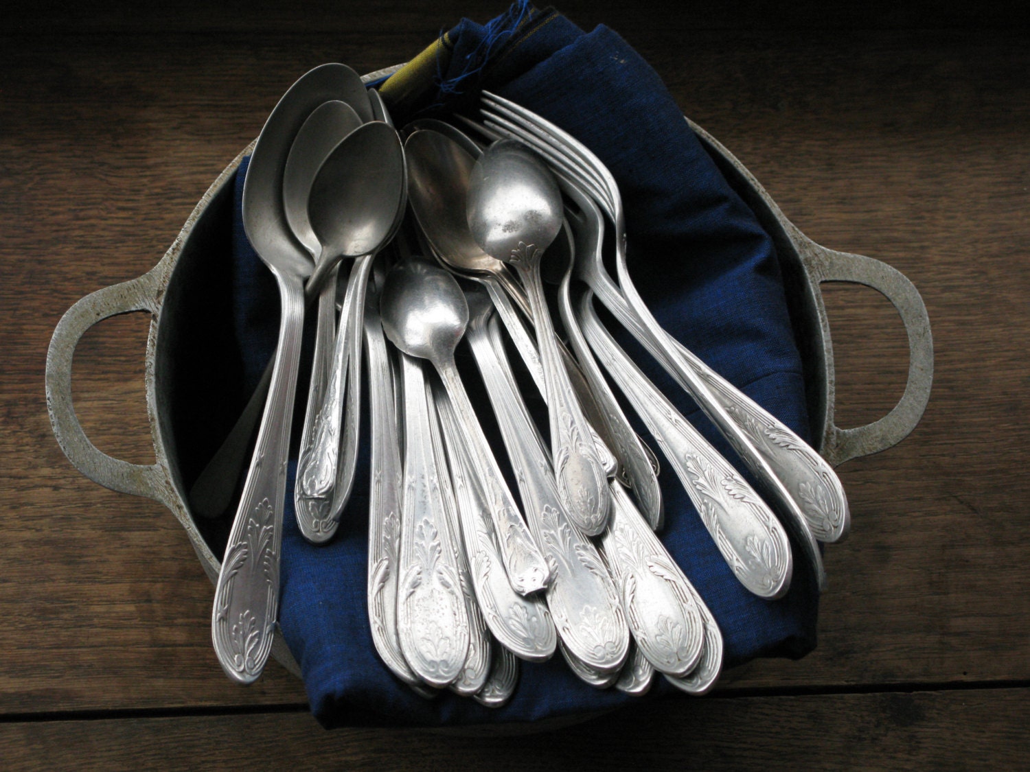 Antique French mixed aluminium flatware set, for photo's blog, homecor or table
