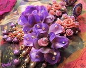 Vintage Peach Rose and Violet Purple Shabby-Chic Flower Earrings, Hand-Painted Feminine Chandelier Earrings, Ornate Floral Jewelry