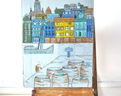 Vintage Embroidered Coastal City Scene: Folk Art Needlework