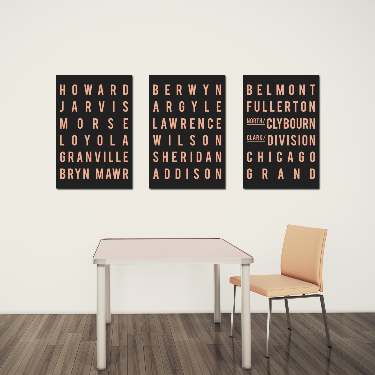 CHICAGO Art Poster. Subway Sign. Typography Print. Black and Pink. City Art. Modern Home Decor.  Gift . Set of 3 - 11x17