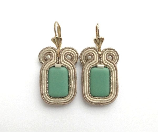 Mint green pastel fashion spring big statement earrings hand embroidered, soutache earrings