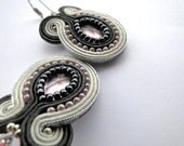 Pale pink rose smoke hand embroidered earrings pastel pink grey ecru soutache earrings
