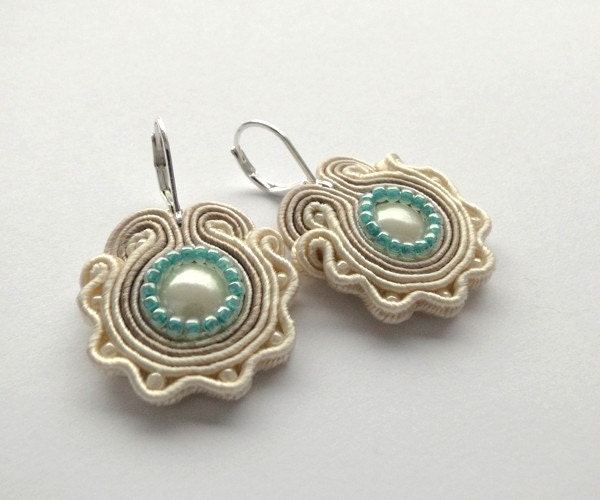 Cream floral earrings flower flowers spring sea green beige neutral ivory hand embroidered earrings soutache earrings
