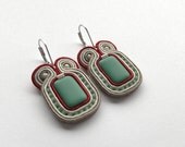 Big statement rectangle earrings mint hand embroidered turquoise red soutache earrings