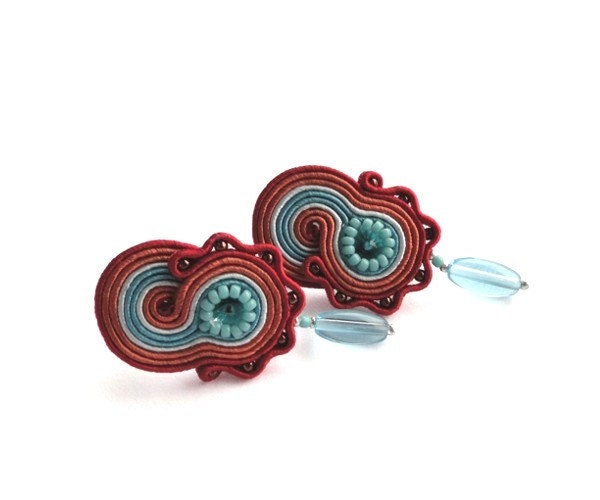 Red blue swarovski dangle stud earrings turquoise orange statement hand embroidered soutache earrings. MADE TO ORDER.
