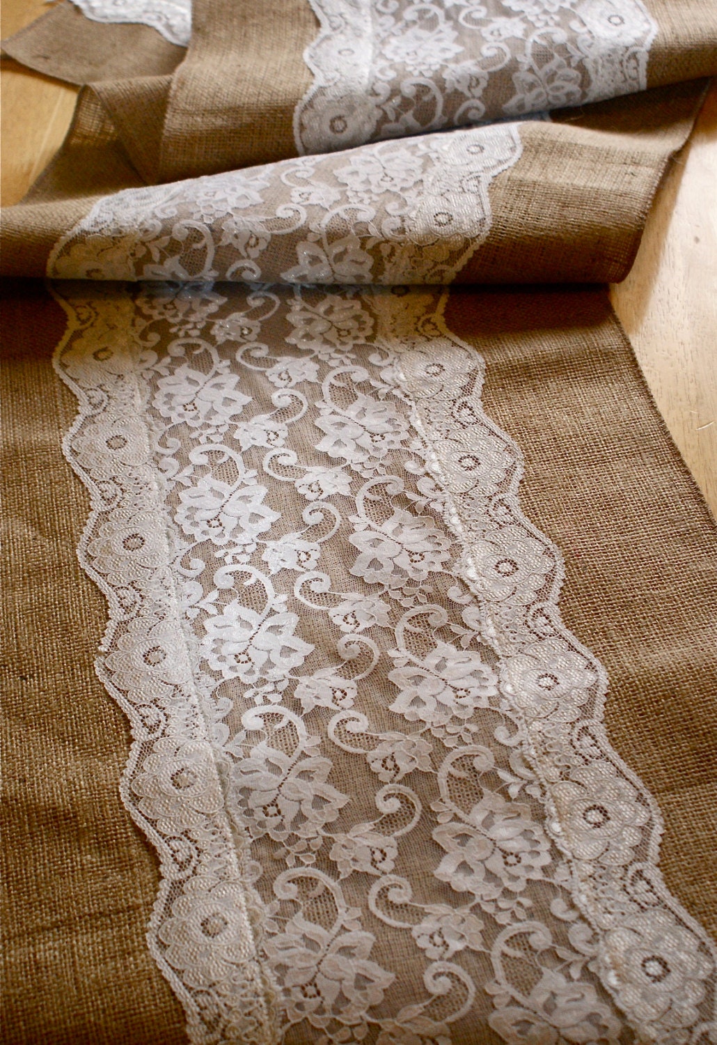 Custom made wedding table runner , lace and burlap