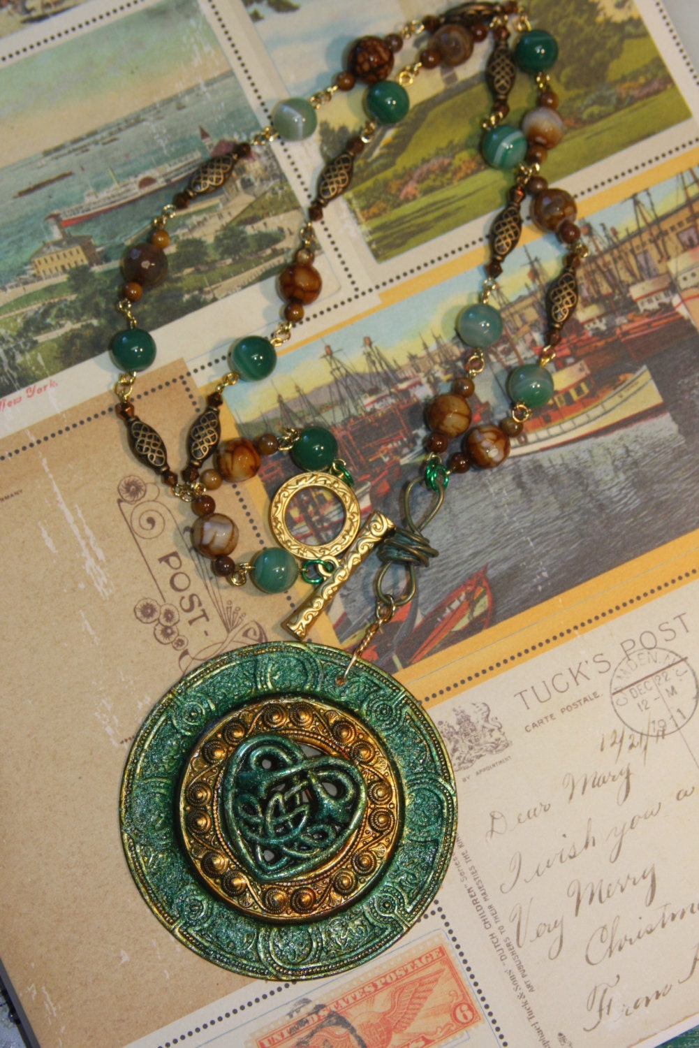 Celtic large round pendant ink stained Celtic knot heart glass beads green gold colors