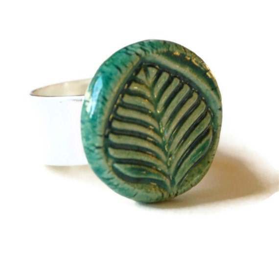 Green Leaf Ceramic Ring, pottery tile adjustable band