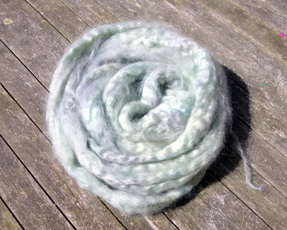 Luxury rovings for spinning, wool, silk, mohair, 105g, sea green, grey, pale aqua
