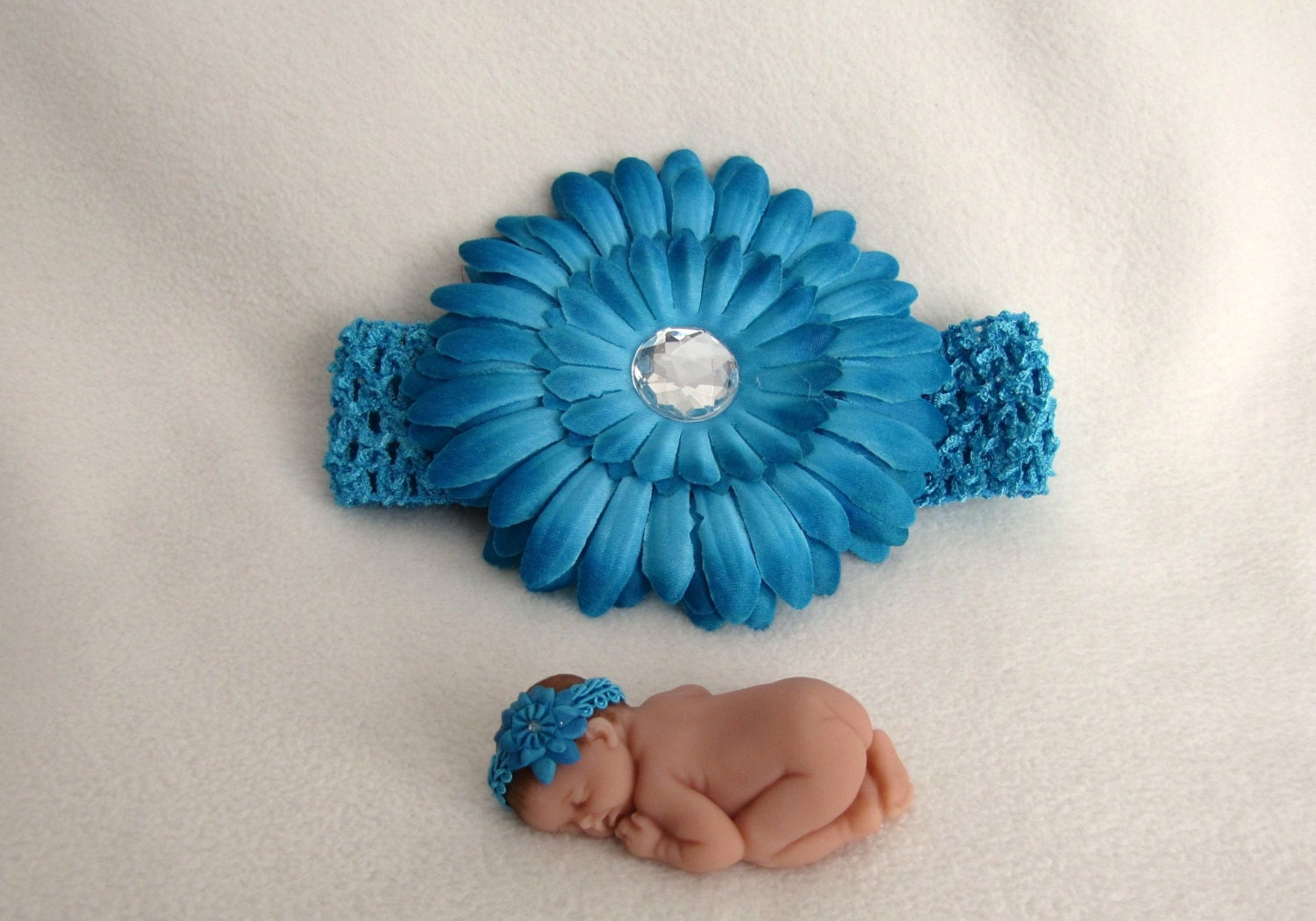 Handmade Infant Baby Girl Doll Miniature With Matching Blue Headband for display or decoration, cake topper or photography prop