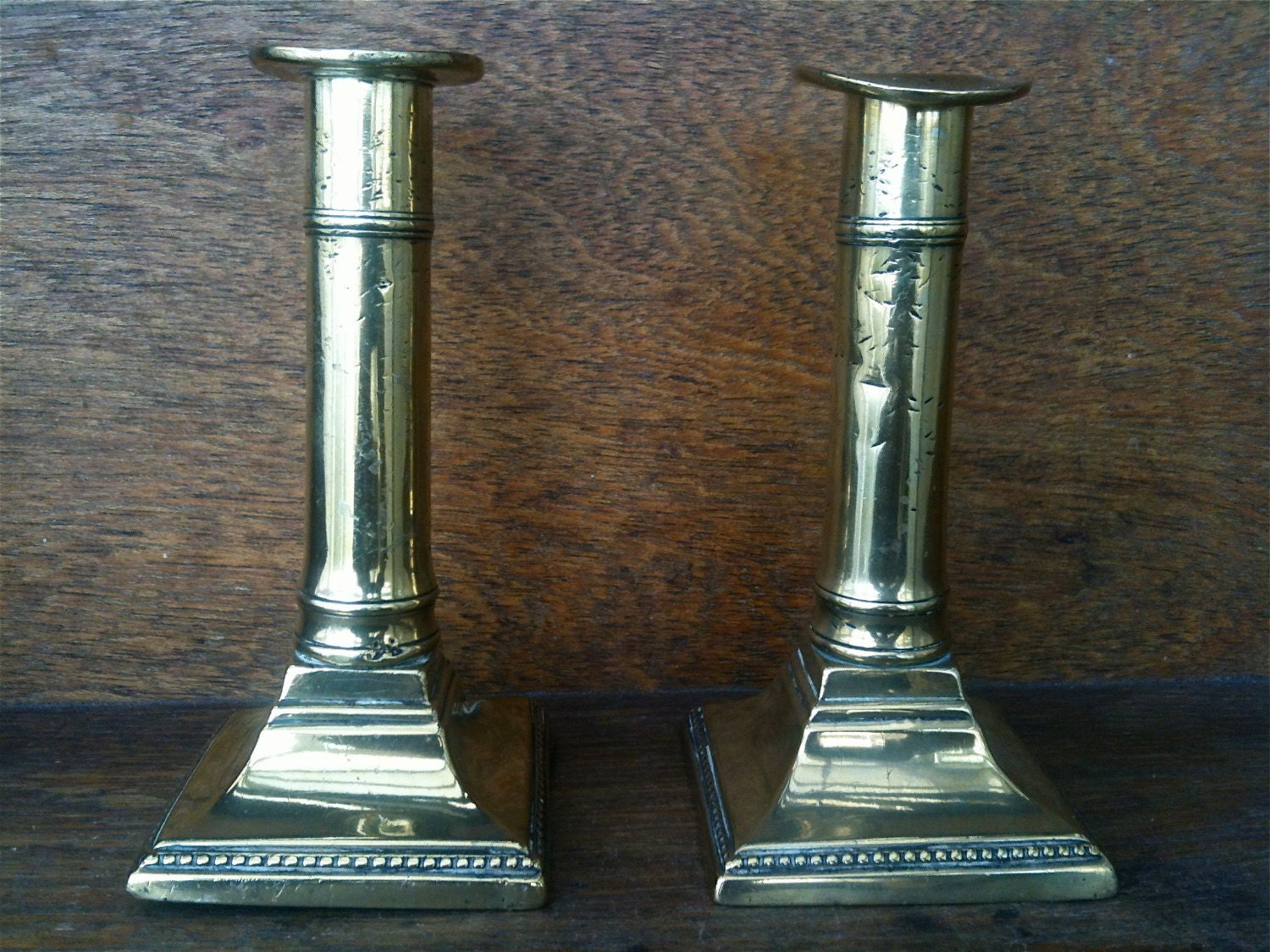 Antique English Square Brass Candle Stick Pair