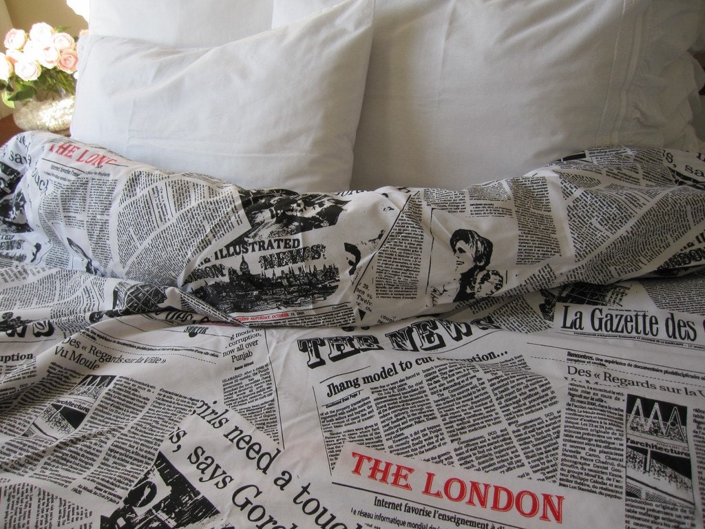 Custom order Kelly Newspaper print duvet cover QUEEN size - Book bedding - Black white cotton duvet cover
