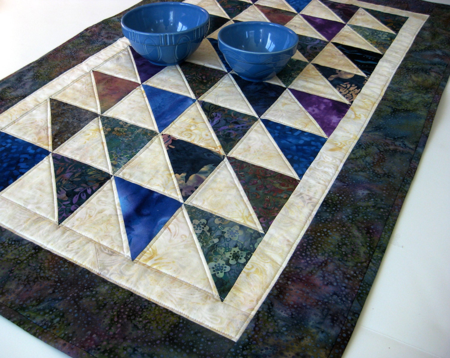 Quilted Table Runner  Farmhouse Chic Green Blue Purple