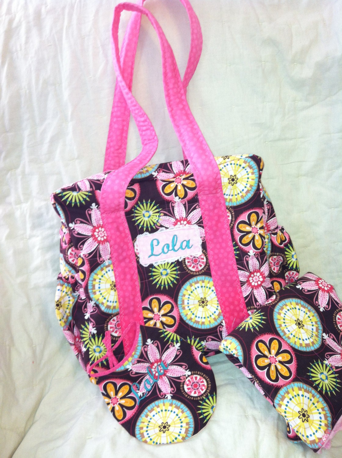 Quilted Zipper Diaper Bag:  Retro Pink, Brown, and Green