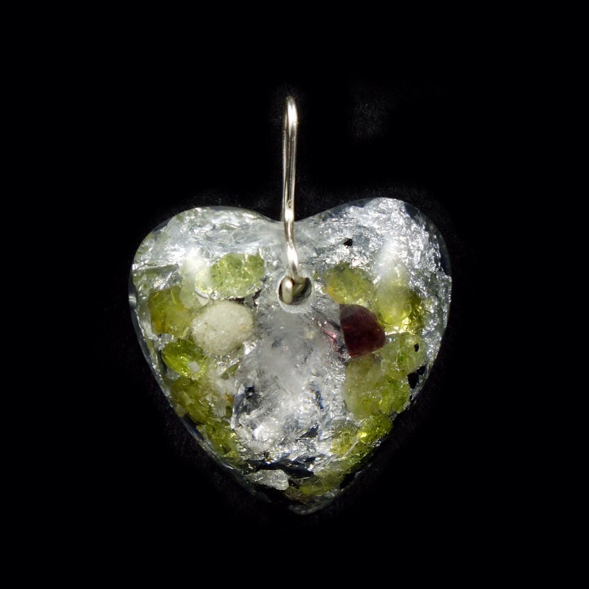 Orgone Positive Energy Generator Heart Pendant withTibetan Double Terminated Crystal, Peridot, Rhodizite, Garnet, Phenacite, Silver Lf (224)